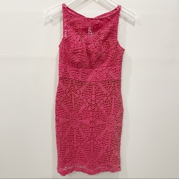 Trina Turk Sleeveless Sheath Dress Pink Crochet Lace 4 - Picture 1 of 7